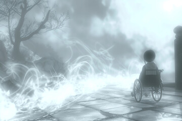 Obraz premium A figure in a wheelchair gazes into a world of ethereal beauty, a surreal blend of reality and dreamlike fantasy, creating a sense of wonder and solitude.