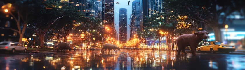 Obraz premium Elephant walking city street night