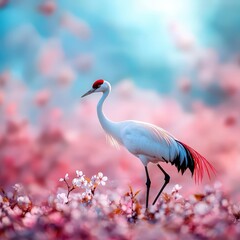 Naklejka premium A stunning crane stands gracefully among blooming pink flowers, embodying serenity and elegance in nature. Perfect for springtime themes and wildlife.