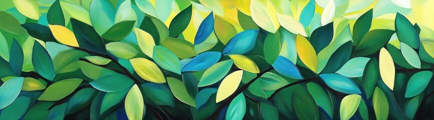 Obraz premium Abstract painting of green, blue, and yellow leaves in a stylized style.