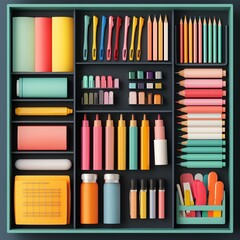 Colorful stationery supplies arranged neatly in a box.