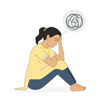 Indian girl in depression and sitting alone.. Depressed girl sitting alone on the floor. Depressed girl cartoon, vector, illustration, art. Girl mental illness, torma, unhappiness, alone cartoon.
