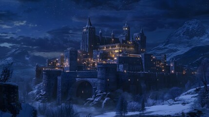 Castle illuminated at night, surrounded by a snowy landscape.