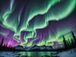 Obraz premium The sky illuminated by the stunning colors of the Northern Lights, with vibrant green, purple, and blue hues dancing across a clear night sky 