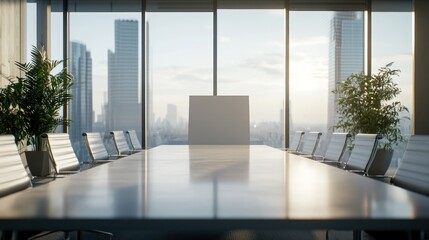 Fototapeta premium Modern office layout featuring a sleek meeting table, ergonomic chairs, a blank mockup wall for design placement