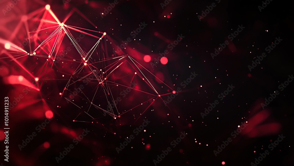 Poster abstract background with dark red and black colors, featuring polygonal shapes made of lines and glo