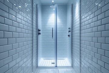 Fototapeta premium Shower cabin with sparkling glass doors that are completely streak-free, surrounded by spotless white tiles.