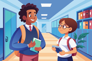 student and teacher talking in school corridor.