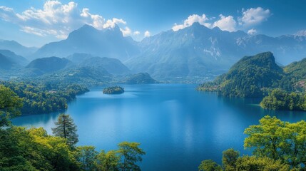 Tranquil lake surrounded by mountains, captured from a distance, showcasing the beauty and serenity of nature 