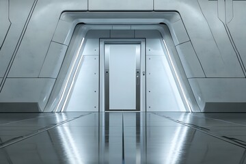 Fototapeta premium Futuristic entrance with sleek design on reflective surface.