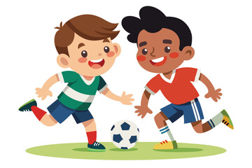 two friends play football white background.