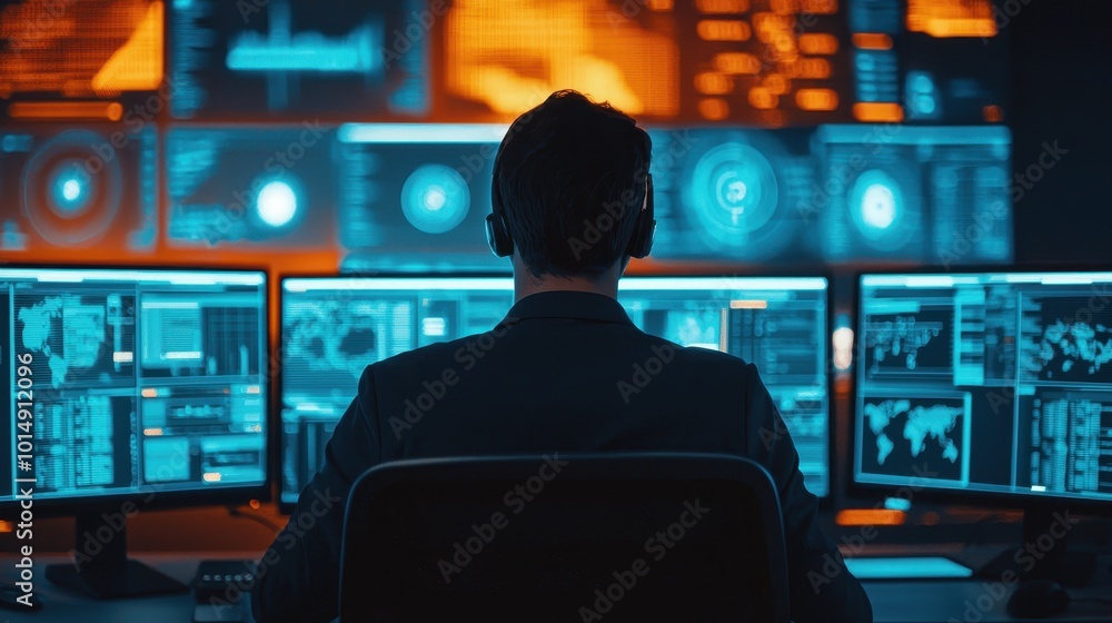 Poster a person monitors multiple screens displaying data and analytics in a high-tech environment, wearing