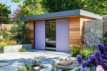 Modern garden room with soft lilac sliding doors, set in a minimalist zen garden High-resolution, contemporary outdoor living