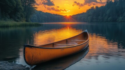 Fototapeta premium Tranquil lake with a canoe at sunset, viewed from a distance, showcasing the beauty and serenity of the scene 