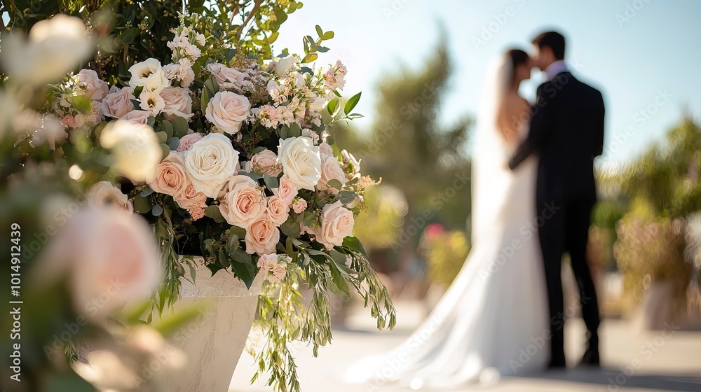 Canvas Prints Wedding ceremony and celebration, bride and groom at a beautiful outdoor venue on a sunny day, luxury wedding decor with flowers and bridal bouquet 