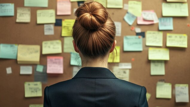 Woman with a messy bun looking at a corkboard with sticky notes.
