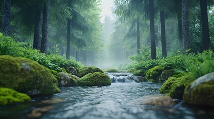 Obraz premium A gentle stream flows through a misty forest, featuring moss-covered rocks and dappled sunlight, creating an ethereal atmosphere in a tranquil nature scene.
