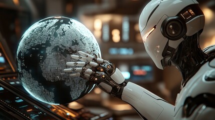 Futuristic robot analyzing digital globe for advanced artificial intelligence research and data management in a hightech environment