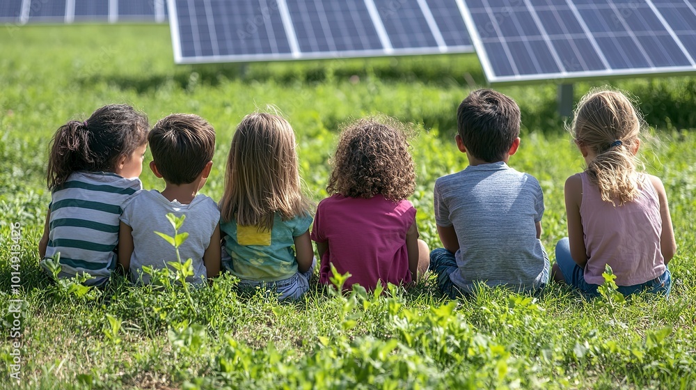 Poster A group of diverse children sitting on grass, backs turned, looking towards modern solar panels during an educational field lesson.  