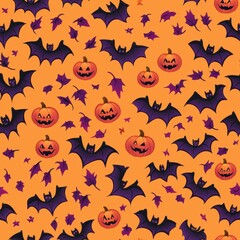 Halloween pumpkins and bats seamless pattern on orange background with purple leaves