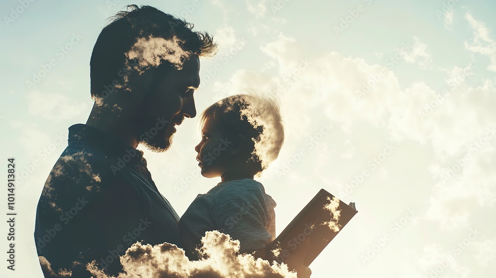 Poster father and child bonding through reading in a double exposure image