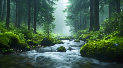 Obraz premium A gentle stream flows through a misty forest, featuring moss-covered rocks and dappled sunlight, creating an ethereal atmosphere in a tranquil nature scene.