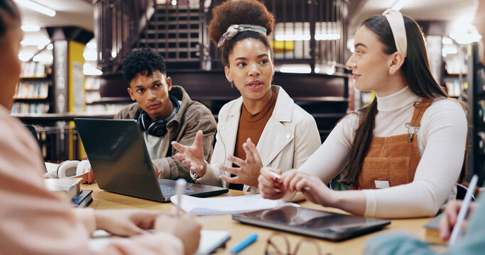 Education, laptop and discussion of group, library and preparation for exam, talking and studying. College students, friends and people with tech, ideas and notebook for learning, digital and smile