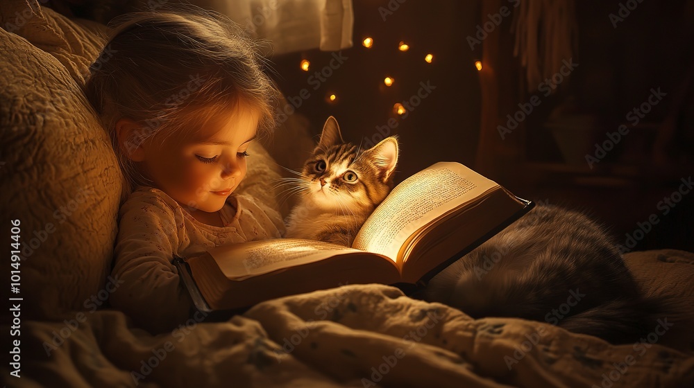 Sticker A child reading a bedtime story to their pet, fostering a bond of companionship and love. 