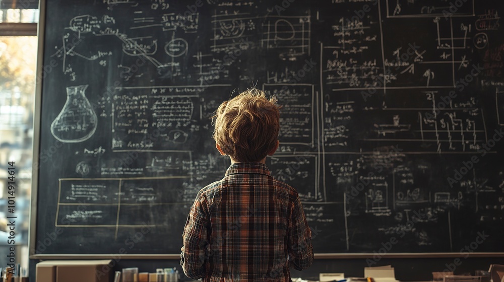 Poster rear view student child stands in front of a huge blackboard try to solve hard mathematics calculati