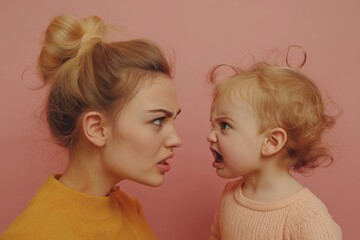 Mother and child argument faceoff in a studio portrait, expressing strong emotions and interactions. Useful for parenting, family dynamics, and emotional expression concepts