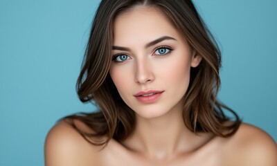 Obraz premium Portrait woman natural makeup contemplative expression pastel studio background