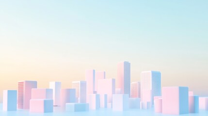 Long shot of a minimalist cityscape, soft pastel colors, distant skyline, inviting pathways, mysterious allure, urban exploration vibe