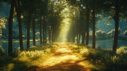 Fototapeta premium Tranquil forest path lined with tall trees, viewed from a slight elevation, emphasizing the lush greenery and dappled sunlight filtering through the leaves 