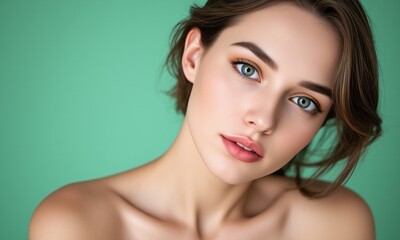 Naklejka premium Portrait woman natural makeup contemplative expression pastel studio background