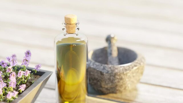 Natural organic olive oil, mortar and pestle, microgreens, natural remedy, holistic homeopathic medicine