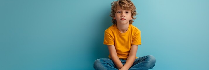 Portrait of a young boy sitting crosslegged against a blue background, suitable for educational materials, advertisements, or familythemed content.