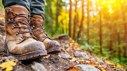 Close-up of rugged hiking boots on a forest trail surrounded by autumn foliage and warm sunlight filtering through trees