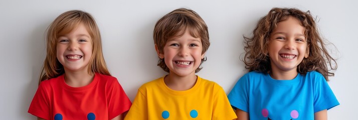 Smiling children in colorful shirts posing for a fun group portrait showcasing friendship and happiness, ideal for educational, promotional, and familyoriented uses