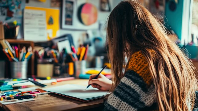 Child learning to write at home, sitting at a desk with colorful school supplies, supportive and nurturing environment 