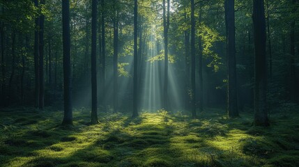 Obraz premium Tranquil forest scene with sunlight filtering through trees, viewed from a low angle, highlighting the beauty and serenity 