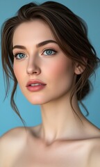 Naklejka premium Portrait woman natural makeup contemplative expression pastel studio background