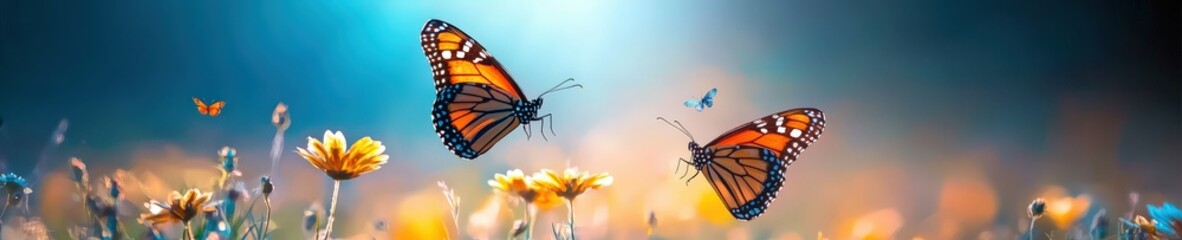 Fototapeta premium A stunning scene featuring vibrant butterflies fluttering over a colorful flower field. Perfect for nature lovers and artistic inspirations.