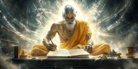 Minimalist background illustration for Maharishi Valmiki Jayanti: An elegant and cultural tribute to the Hindu saint, featuring spiritual symbols, traditional aesthetics, and customizable templates fo