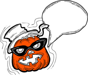 Naklejka premium Happy Halloween pumpkin monster with speech bubble. Decorative template for night party invitation, poster print, quotes background. Hand drawn illustration, comic style, cartoon vector character.