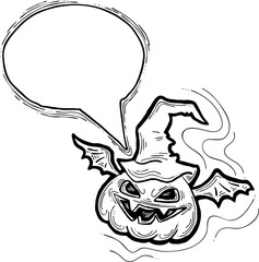 Happy Halloween pumpkin monster with speech bubble. Decorative template for night party invitation, poster print, quotes background. Hand drawn illustration, comic style, cartoon vector character.