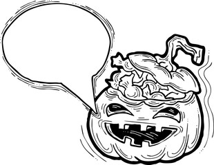 Happy Halloween pumpkin monster with speech bubble. Decorative template for night party invitation, poster print, quotes background. Hand drawn illustration, comic style, cartoon vector character.