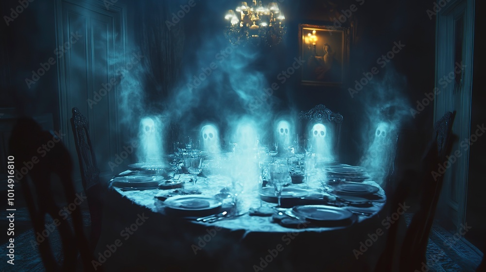 Poster ghosts attending a family dinner blending into the scene with soft light and transparency creating a