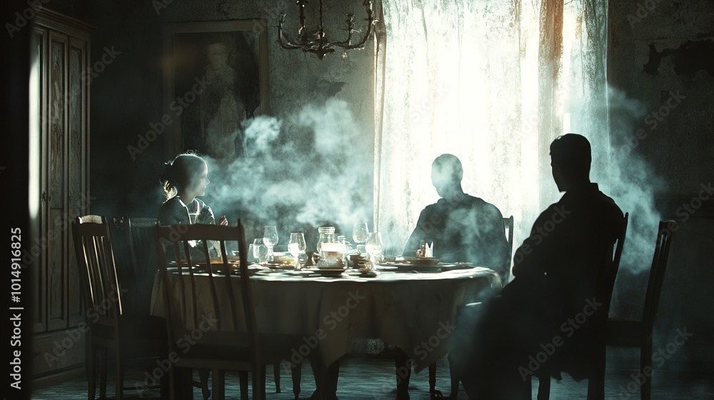 Poster ghosts attending a family dinner blending into the scene with soft light and transparency creating a