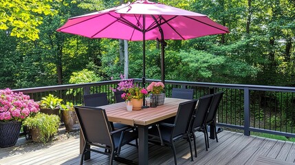 Obraz premium Deck Setup With Table Chairs and Pink Umbrella 