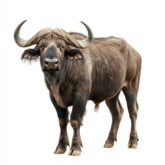 A wild buffalo standing tall, muscular build and detailed fur, isolated on white background